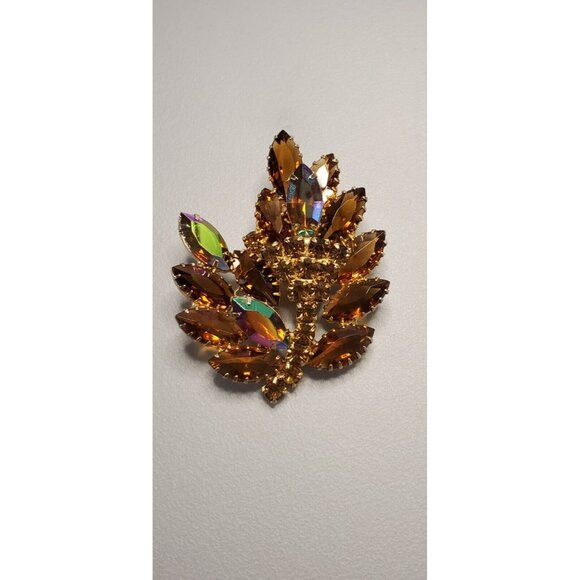 Vintage Brooch Smokey Topaz Amber AB Aurora Borealis Brooch Pin 2.25 Inches - Picture 3 of 10